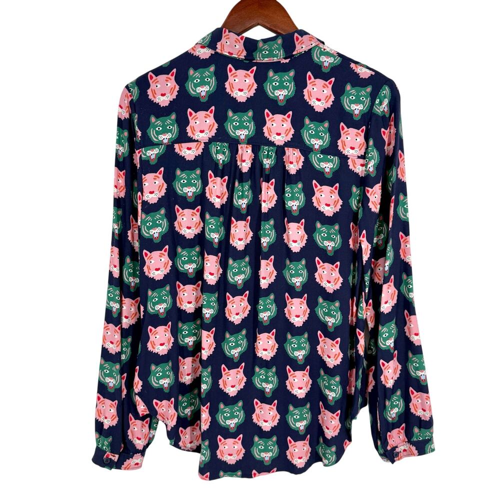 Anthropologie Liv Lee Small Navy Tigers Whimsy Buttondown Shirt Blouse Top - Picture 9 of 9